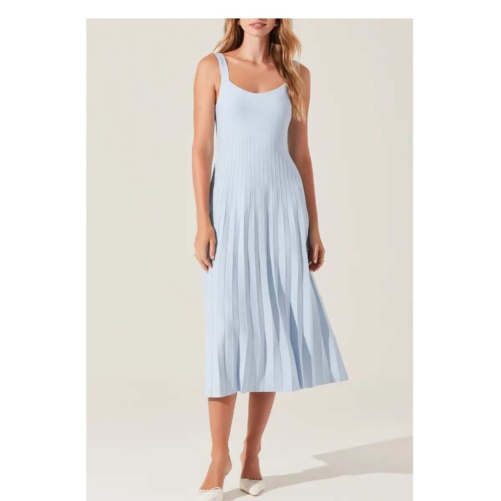Halogen Light Blue Pleated Knit Midi Dress Sleeveless‎ Scoop Back Womens L